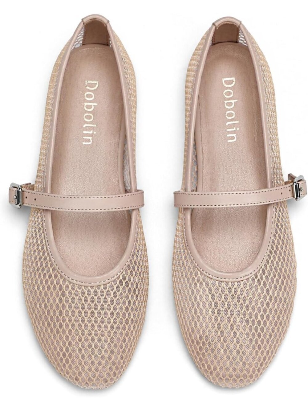 Women's Nude Comfortable Round Toe Buckle Strap Breathable Mesh Design Flats